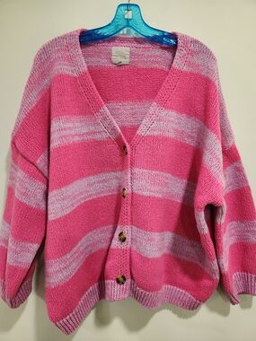 Striped Pink Button-Front Oversized Cardigan Sweater